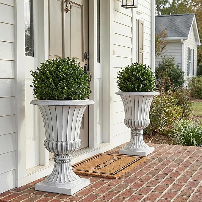 Urn Planters 22", Set of 2, Tall Stone-Resin Pedestal Planters for Outdoor Plants, Large Front Porch Decor, Patio Garden Pots, Outdoor Urns for Entryway, Porch & Deck, White Plant Pot