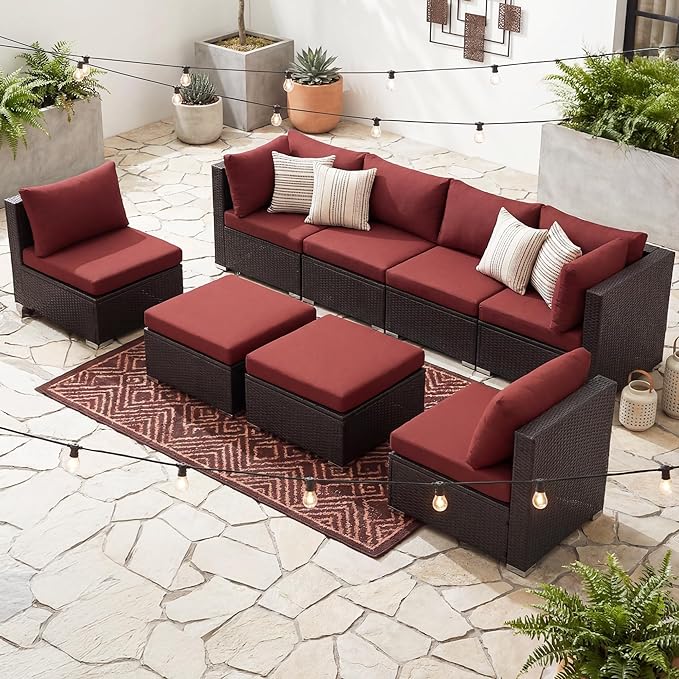 NICESOUL 29.3'' High Back Wicker Patio Furniture Set for 8 Person, Extra Big Outdoor Modular Sectional with Ottoman, Deep Seated Relax Conversation Sets for Backyard Deck, Brown and Red