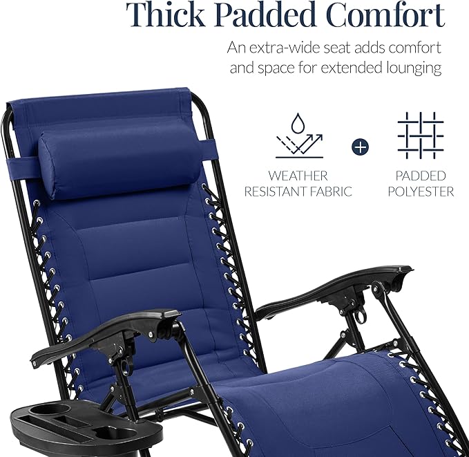 Best Choice Products Oversized Padded Zero Gravity Chair, Folding Outdoor Patio Recliner, XL Anti Gravity Lounger for Backyard w/Headrest, Cup Holder, Side Tray, Polyester Mesh - Cobalt Blue
