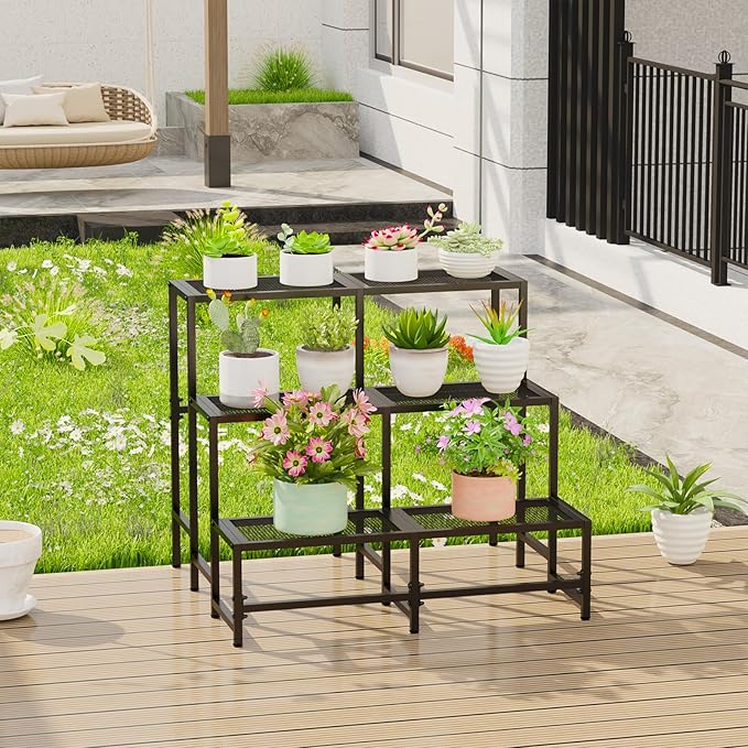 Garden 4 you 3 Tier Split Type Large Metal Plant Stand Stackable, Garden Display Shelf Flower Pot Holder Storage Organizer Rack for Indoor Home Outdoor Patio Balcony Yard( Black,Rectangle)