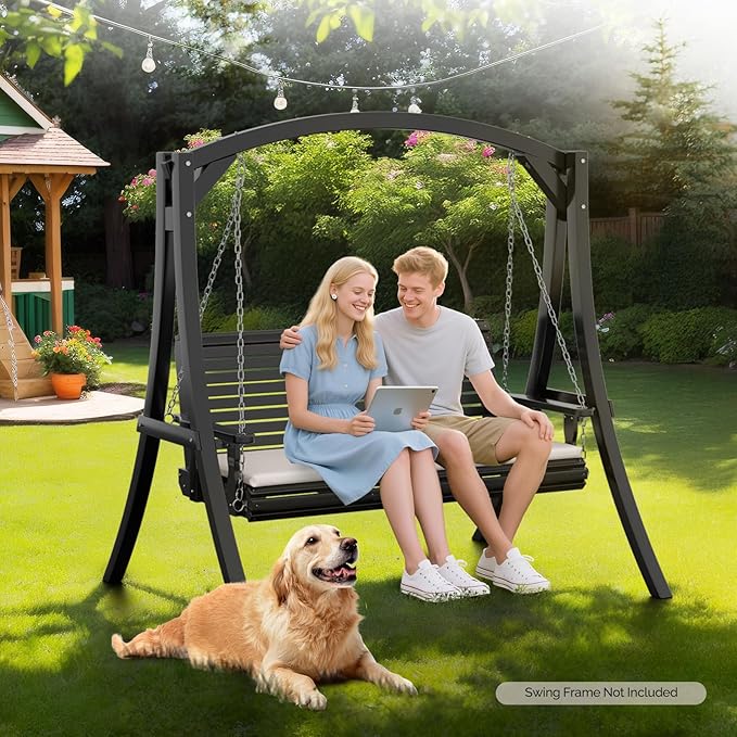 VINGLI Heavy Duty 880 LBS Patio Wooden Porch Swing Outdoor with Extra Cushion, Farmhouse Hanging Bench Tree Swing with Adjustable Chains for Yard | Garden | Lawn | Balcony (5 FT, Black)