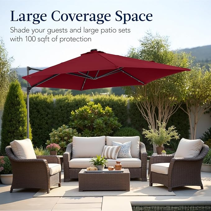 Best Choice Products 10ft Solar LED Offset Cantilever Hanging Market Patio Umbrella, Smooth 360° Rotation, 8 Sturdy Ribs, Easy Adjustment - Burgundy
