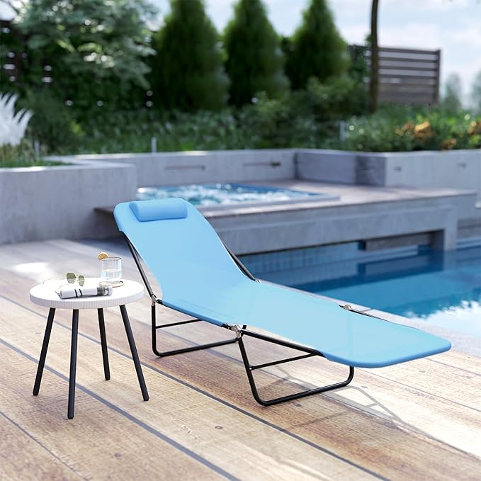 Outsunny Folding Chaise Lounge Chair, Pool Sun Tanning Chair, Outdoor Lounge Chair with Reclining Back, Breathable Mesh Seat, Headrest for Beach, Yard, Patio, Blue