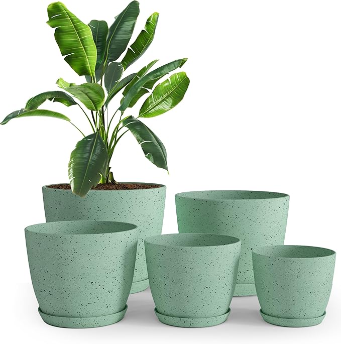 Utopia Home - Spotty Plant Pots Indoor with Drainage - 7/6.6/6/5.3/4.8 Inches Flower Pots - 5 Pack Plastic Planters - Ideal for Stocking Stuffers - (Speckled Mint, Pack of 5)