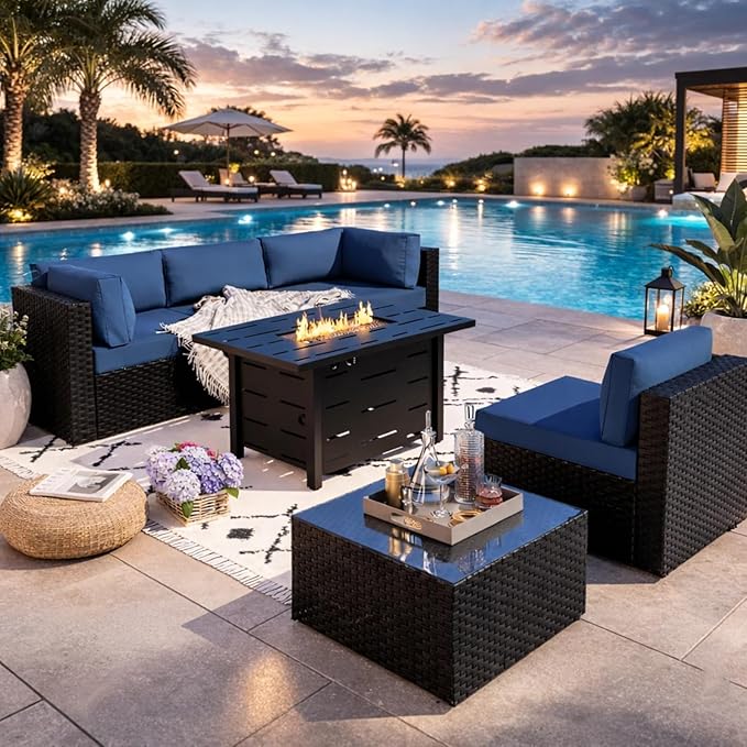 JAMFLY Patio Furniture Sets, 6-Piece Outdoor Patio Furniture with 43'' Propane Gas Fire Pit Table, Wicker Outdoor Conversation Set Sectional Sofa for Backyard, Poolside, Garden, Aegean Blue