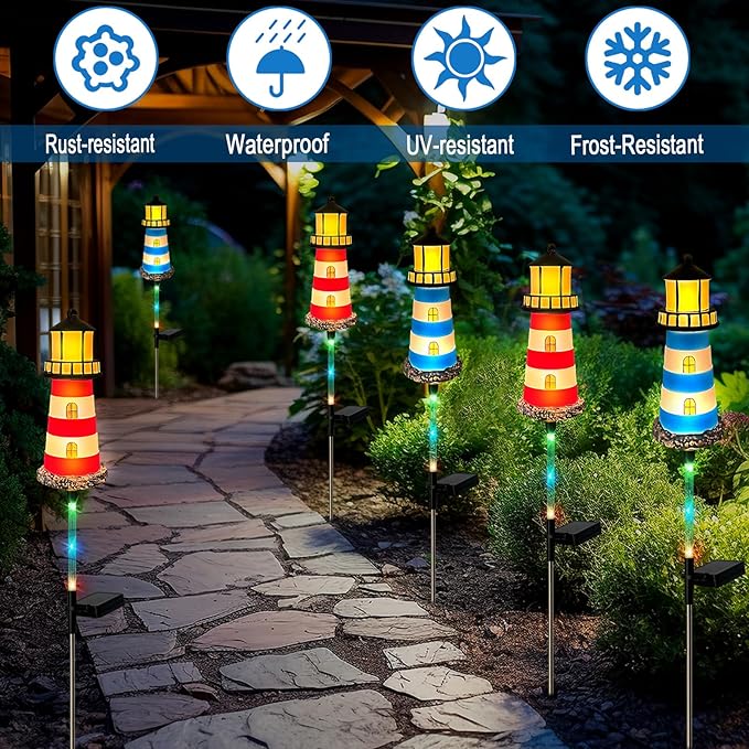 4 Pack Lighthouse Solar Lights,7 Light Color Changes,IP65 Waterproof Solar Pathway Lights for Garden,Lawn,Outdoor Lighthouse Decor