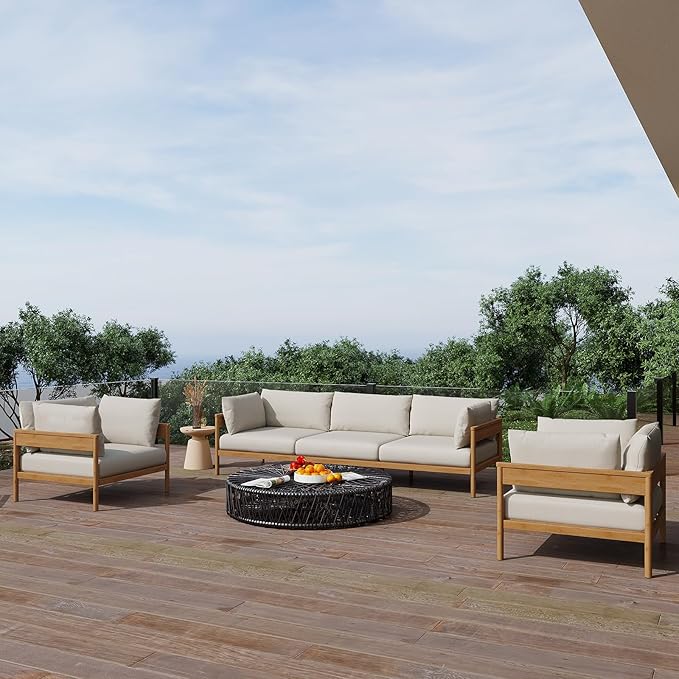 Acanva Modern Outdoor Patio Furniture Set, All-Weather Aluminium Conversation Sectional Sofa with Thick Cushions for Backyard, Garden, Porch, Armchair, Beige