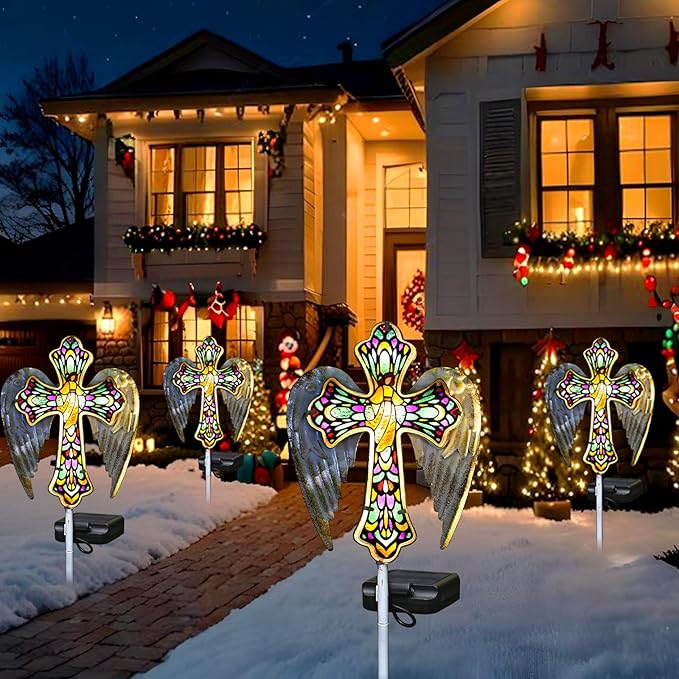 YJFWAL Solar Glass Cross Garden Stake Light, Cemetery Decorations for Grave Outdoor Lights, Easter Jesus Cross Angel Wings Sympathy Memorial Gifts, for Garden Lawn Yard Patio Decor