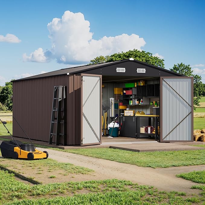Greesum 10×14 FT Outdoor Storage Shed, Metal Storaged Sheds Without Floor, Tool Sheds with Lockable Doors and Sloping Roof for Garden, Patio, Brown