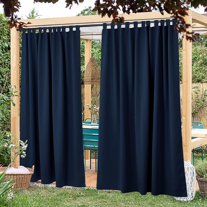 NICETOWN 2 Panels Outdoor Curtainss for Patio Waterproof 108" L Public Dividers, Detachable Tab Top Blackout Thermal Insulated Privacy Outdoor Drapes for Arbor/Porch, Navy Blue, 84" Wide