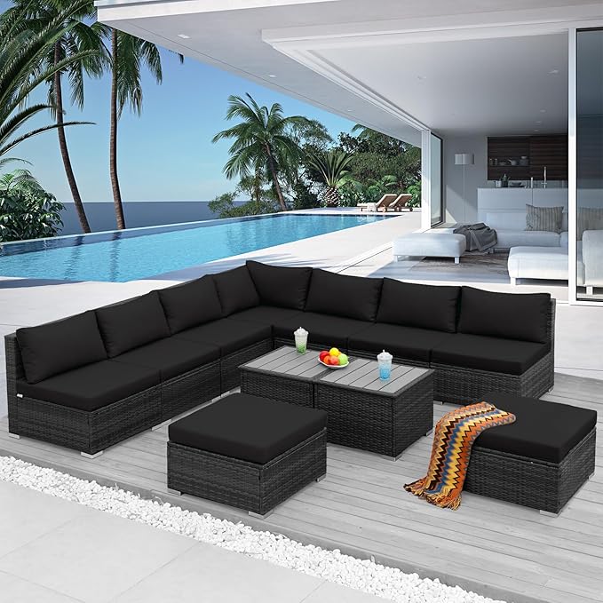 NICESOUL 11 Piece Modern L Shaped Outdoor Sofa Set, 29.3'' High Back Comfy Big Size Wicker Patio Modular Sectional with Table & Ottoman, Rattan Conversation Furniture, 2 Color Cushion Black & Gray
