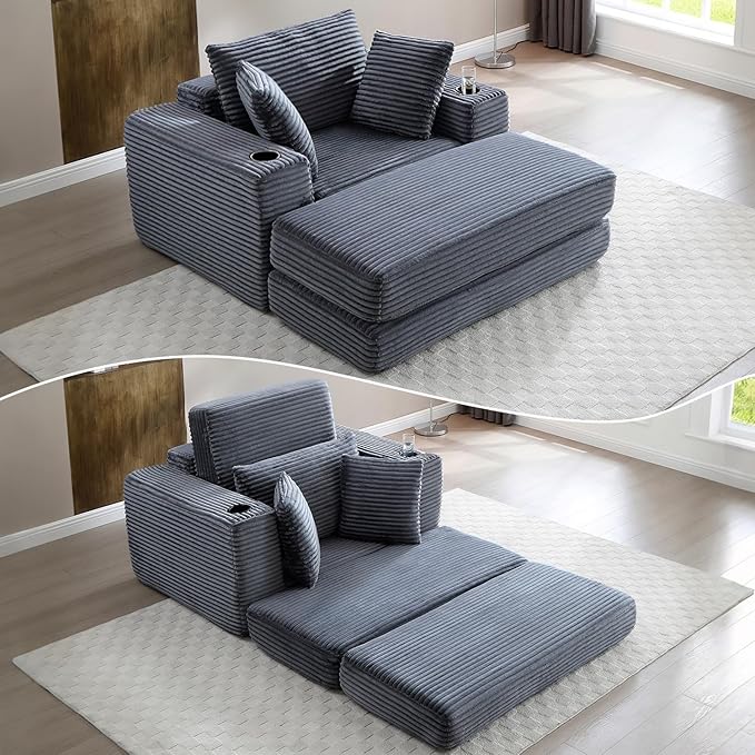 HANXIN 62" Chaise Lounge Chair Indoor, Oversized Corduroy Boneless Convertible Chaise Lounge Couch Sleeper Chair with Ottoman, Deep Seat Reading Chair, No Assembly Required (Grey)
