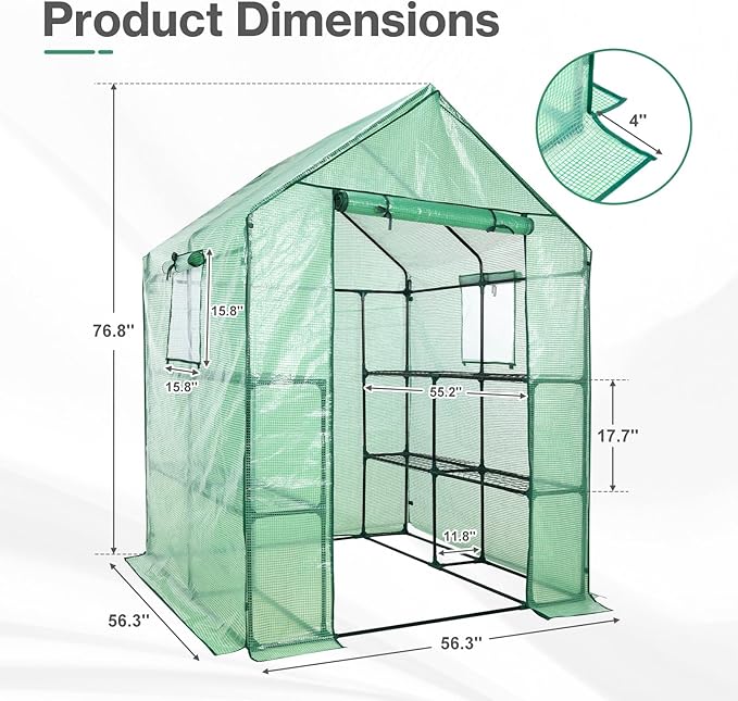 Aoodor Walk-in Greenhouse with 8 Shelves, 4.7 × 4.7 × 6.4 ft Outdoor Garden Plant House with PE Cover for Growing Vegetables, Flowers, Herbs