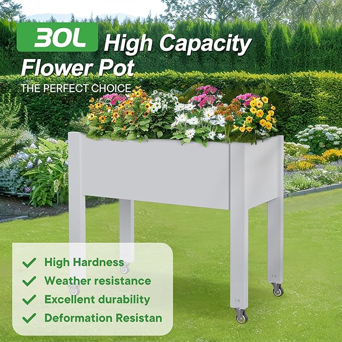 Raised Garden Bed with Legs, 28.9" Tall Self-Watering Raised Planter Box with Lockable Wheels, Drainage Plug and Gauge for Vegetables Flowers, Rustproof Resin for Backyard Patio (Ashen)