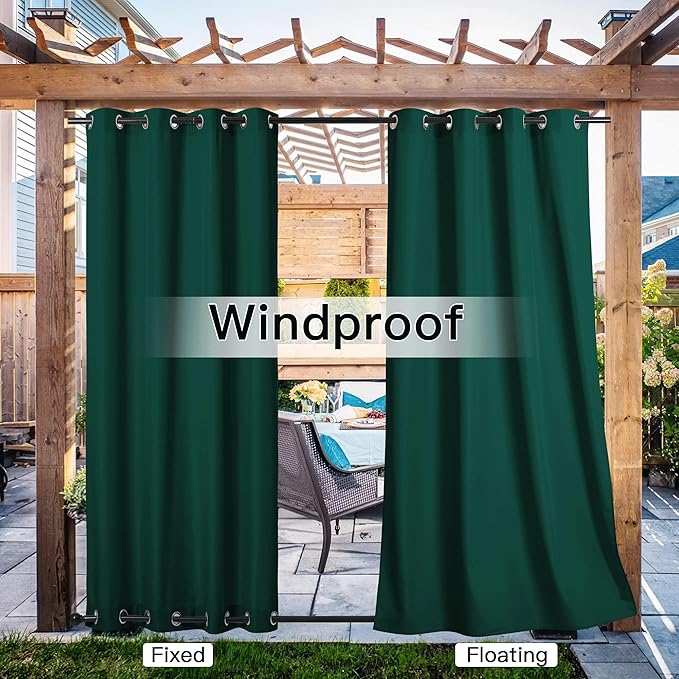 NICETOWN Canvas Patio Curtains Outdoor Waterproof 2 Panels, Rustproof Top & Bottom Grommet Porch Decor Thermal Insulated Curtains for Outdoor Open-air Film, Dark Green, W55 x L84 Inch