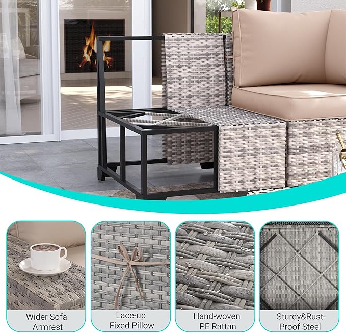 7-Piece Outdoor Patio Furniture Set with 55,000 BTU Fire Pit Table, PE Wicker Rattan Sectional Sofa Patio Conversation Set with Thickened Cushions & Coffee Table, Sand