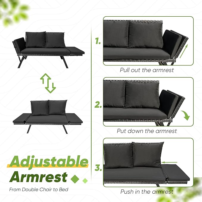 Greesum Outdoor Sofa, Woven Rattan Patio Furniture, Convertible Daybed or Double Chair with Adjustable Armrests, Cushions and Pillows for Yard, Porch, Pool, Black Lounger & Black Pillowcase