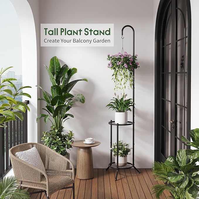 2-Tier Hanging Plant Stand Indoor and Outdoor , Space-Saving Iron Planter Shelves, Multiple Flower Pot Display Holder Shelf with Hanging Hook, Corner Plant Stands (Black)