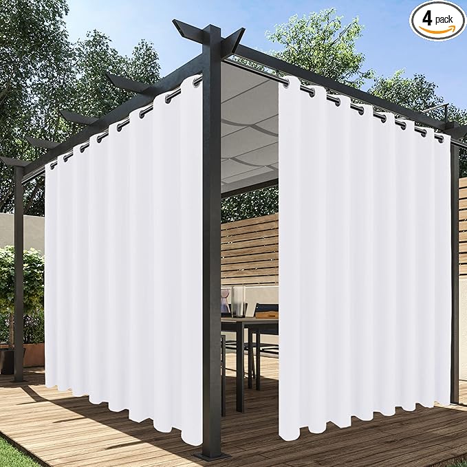 HolidayIdeas Extra Wide Outdoor Curtains for Patio Waterproof, 4 Panels - 110 x 120 Inch - Privacy & Light Filtering Curtains White Grommet Outside Curtains for Porch, Gazebo, Pergola, Backyard
