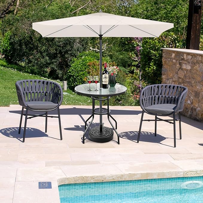 VINGLI Round Patio Table with Umbrella Hole, 32" Outdoor Dining Table Steel Tempered Glass Patio Tables Round Outdoor Tables for Balcony Garden Deck