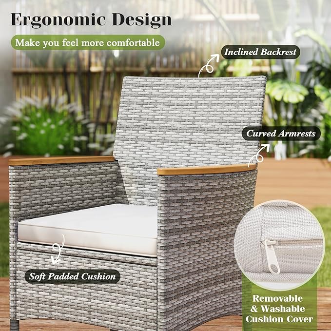Tangkula 9 Pieces Patio PE Wicker Dining Set, Outdoor Acacia Wood Table and Chairs for 8 with Cushions and 2" Umbrella Hole, Outdoor Dining Furniture Set for Deck, Garden and Yard (Mix Grey+White)