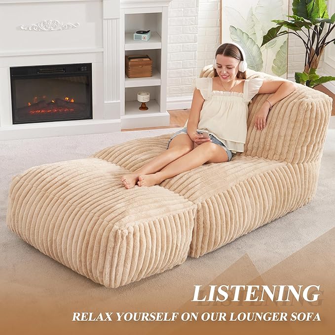 Hobestluk Big Bean Bag Lounger Chairs Large Beanbag Chair for Adults Bean Bag Sofa with Memory Foam Filled for Living Room, Bedroom or Balcony (Stripe Khaki)