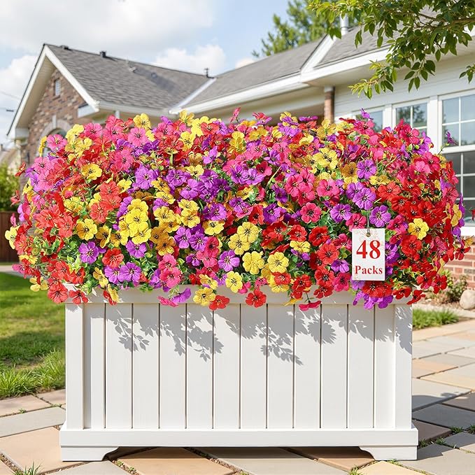 Alupssuc 48 Bundles Artificial Flowers for Outdoors Decoration, UV Resistant Silk Faux Daisy Flora Spring Fake Plastic Plants Greenery for Outside Indoor Yard Home Porch Window Box Decor, Mix 4 Colors