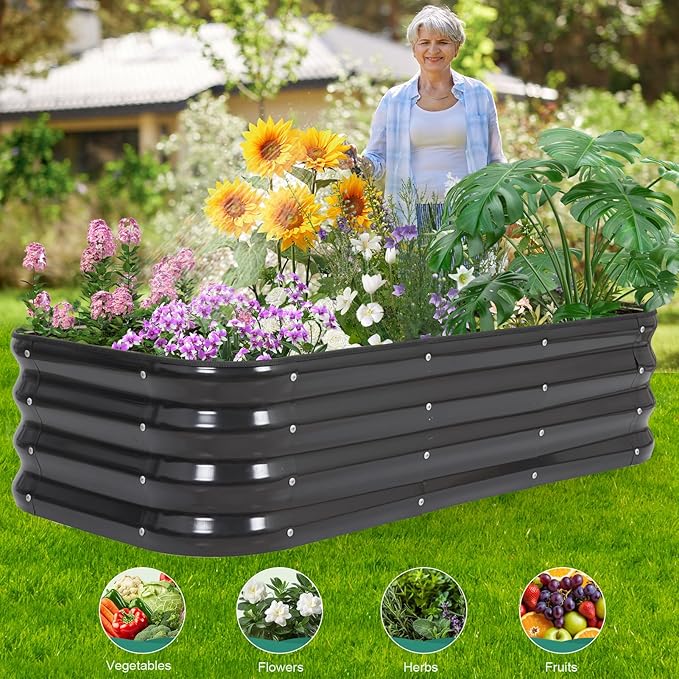 3 in 1 Galvanized Raised Garden Bed - 4x2x1ft (2Packs) Modular Planter Box Outdoor | Metal Raised Bed Kit with Bracing Rods for Gardening Vegetables Flowers Fruits Herbs (Dark Grey)