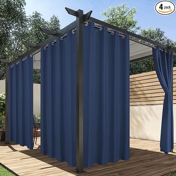 HolidayIdeas Outdoor Curtains for Patio Waterproof, 4 Panels - 54 x 84 Inch - Privacy Protection & Light Filtering Curtains Navy Grommet Outside Curtains for Porch, Gazebo, Pergola, Backyard