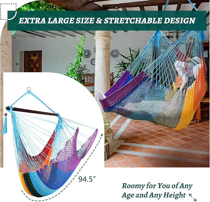 Caribbean Hammock Swing Chair with Spreader Bar, Large Hammock Chair, Hand Craft Rope Hanging Chair Outdoor, Indoor, Bedroom, 330 LBS Weight Capacity, Rainbow