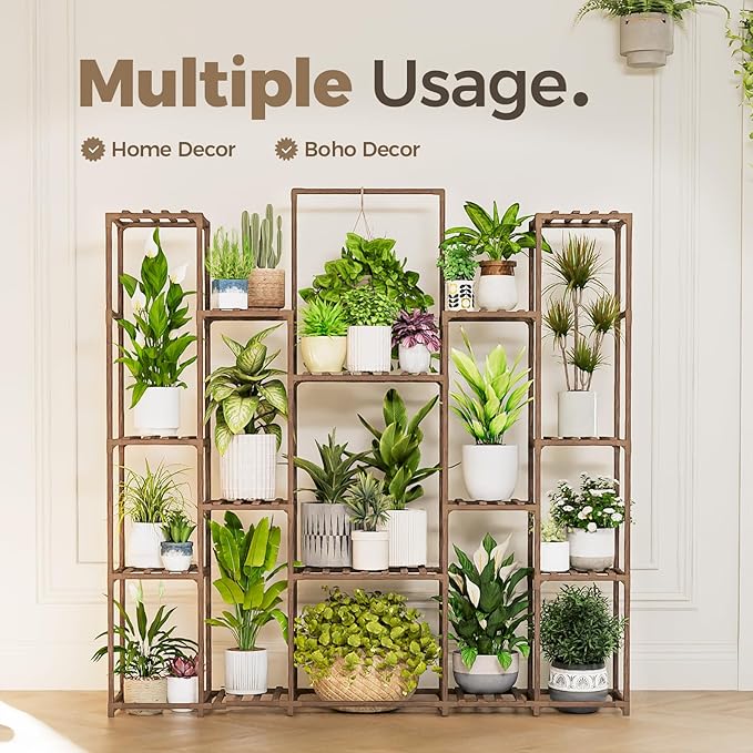 Bamworld Plant Shelf Indoor Hanging Plant Stand Outdoor Large Plant Shelves Tall Flower Holder wooden plant stand for Multiple Plants Plant Rack for Living Room Balcony Decor Garden Clearance Deals 17 Pots Plant Table