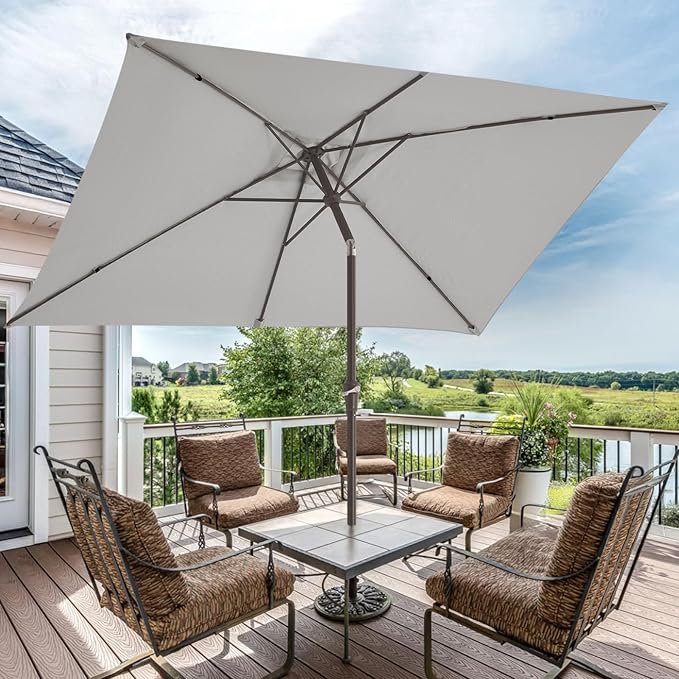 JEAREY 6.5x10 ft Rectangular Patio Umbrellas Rectangle Outdoor Umbrella with Push Button Tilt and Crank, Market Table Umbrella 6 Sturdy Ribs UV Protection for Poolside Garden Backyard Deck, Foggy Gray