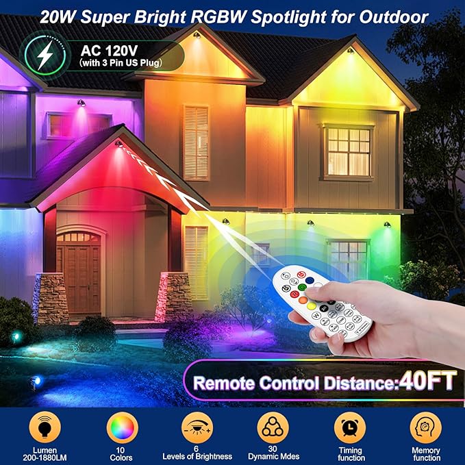 20W RGBW Color Changing Outdoor Spotlight with Remote Control 1880LM IP66 Waterproof LED Spot Lights for Christmas Halloween Decorative Yard Garden Pathway 120V US Plug 2 Pack