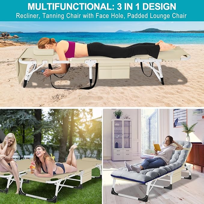 ABORON Sun Tanning Chair, 3 in 1 5 Positions Adjustable Heavy Duty Folding Chaise Lounge Chairs, Oversized with Mat/Pillow/Face Arm Hole, for Beach Pool Lawn Yard Patio