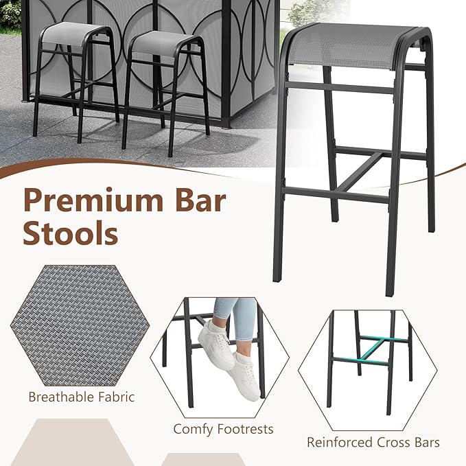 Tangkula 3-Piece Patio Bar Set, Grill Gazebo & 2 Bar Stools with Tempered Glass Bar Table, Metal Storage Shelves, Glass Holders, Double-Tier Soft Top Canopy BBQ Gazebo Shelter for Patio Garden (Grey)