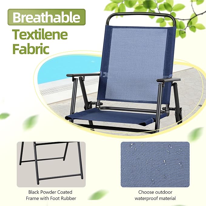 Vongrasig 6 Pieces Folding Patio Dining Set, All Weather Small Metal Outdoor Table and Chair Set, Garden Patio Furniture Set w/Umbrella, Glass Table & 4 Folding Chairs for Lawn, Backyard, Blue