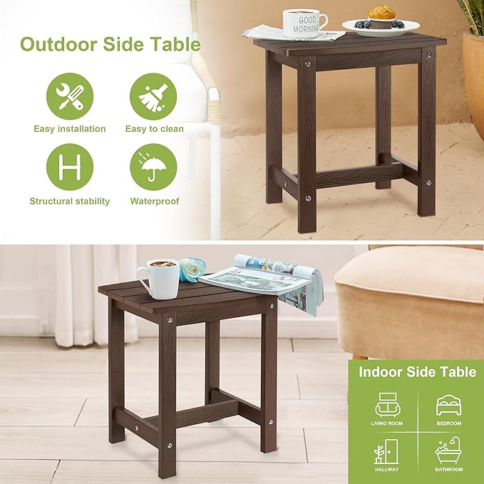 Y&M Outdoor Side Table, HIPS Adirondack Small Single Table, Waterproof Square Outside Table, Balcony Modern End Tables for Patio, Pool, Beach, Porch, Deck, Indoor or Outdoor Use (Coffee, 2 Pack)