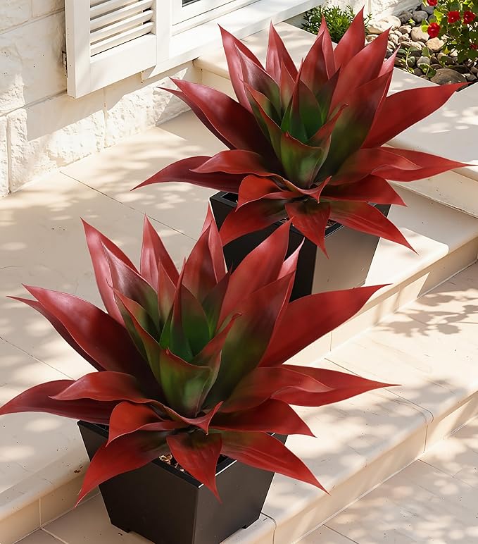 Ivydale Outdoor Faux Plants, 2 PCS 28" Artificial Agave Plant for Outdoors Outside Decoration, Large Fake Plants Realistic Greenery UV Resistant for Planter Porch Patio Yard Garden Indoor(Red)