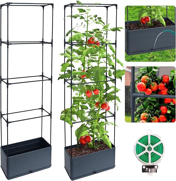 2 Packs Raised Garden Bed Tomato Planter Box with Trellis, 55.2" Self-Watering Tomato Cage with Rectangular Trellis for Climbing Plants Flowers Vegetables Vine in Patio Garden Indoor Outdoor