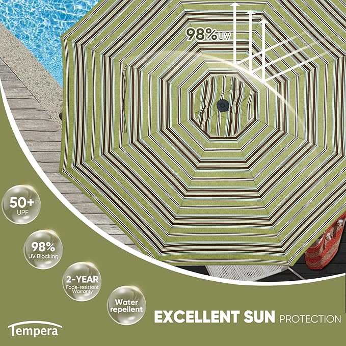 Tempera Patio Market Outdoor Table Umbrella with Auto Tilt and Crank, Large Sun Umbrella with Sturdy Pole & Fade Resistant Canopy, Easy to Set
