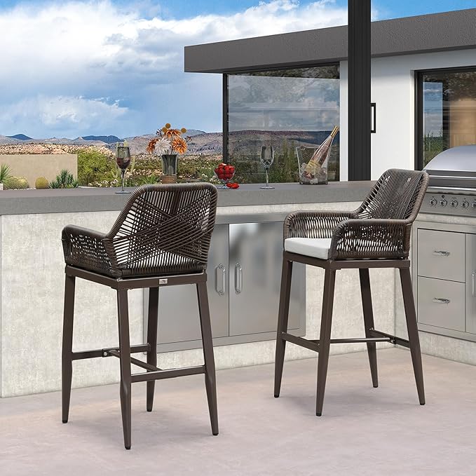 PURPLE LEAF Outdoor Wicker 29" Bar Stools Set of 2, Boho Patio Bar Height Chair with Cushion and Back for Outdoor and Indoor, Garden, Patio, Coffee