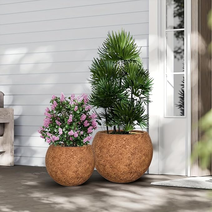 10 H x 14" Dia (10" Pot Opening) Round Fiberstone Planter with Drainage Hole, White, Indoor/Outdoor Large Plant Pot for Home Patio Garden, Ideal for Large Plants-Camel