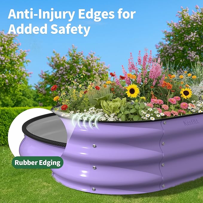 Kesfitt Raised Garden Bed, 4x2x1 FT Galvanized Steel Metal Raised Garden Bed, Oval Open-Bottom Design, 12-Inch Deep for Outdoor Vegetable & Herb Gardening, Lavender Purple