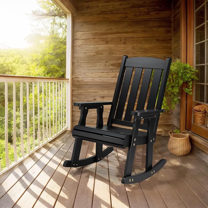 VINGLI Heavy Duty 600 LBS Outdoor Wooden Rocking Chair with Higher Backrest,Patio Rocking Chair with Ergonomic Design, Weatherproof Outdoor Rockers Suit for Patio, Garden, Balcony, Yard, Black