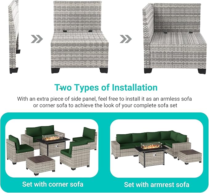 7-Piece Outdoor Patio Furniture Set with 55,000 BTU Fire Pit Table, PE Wicker Rattan Sectional Sofa Patio Conversation Set with Thickened Cushions & Coffee Table, Dark Green