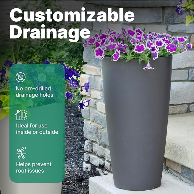 Step2 Tremont Tall Round Tapered Planter, 28" Tall 2-Pack, Indoor/Outdoor Plants, Efficient Drainage, Durable Resin, Dark Cedar