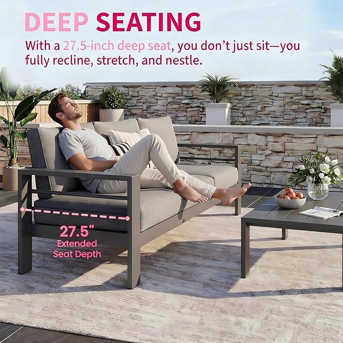 Kiss the Water Outdoor Couch Aluminum Patio Furniture Sofa, 3 Seat All-Weather Metal Patio Couch with 5" Thick and Soft Cushion and Wide Arm, Outdoor Sofa for Balcony, Porch