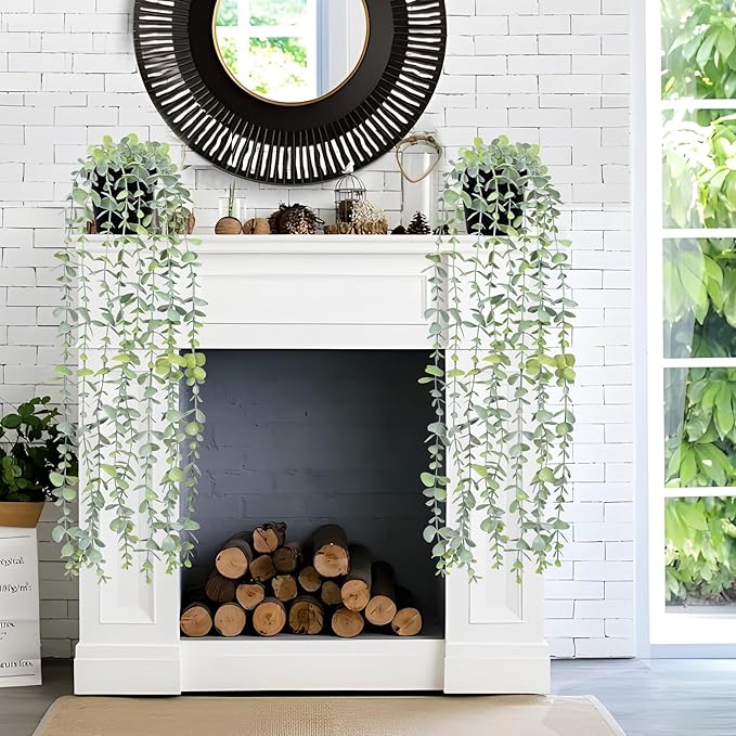 Waipfaru 2Pcs Fake Hanging Plants with Pot Light Green Eucalyptus Leaves UV Resistant Fake Vines Ivy Artificial Plants Outdoor Faux Plants Indoor Bedroom Living Room Boho Wall Porch Shelf Decor