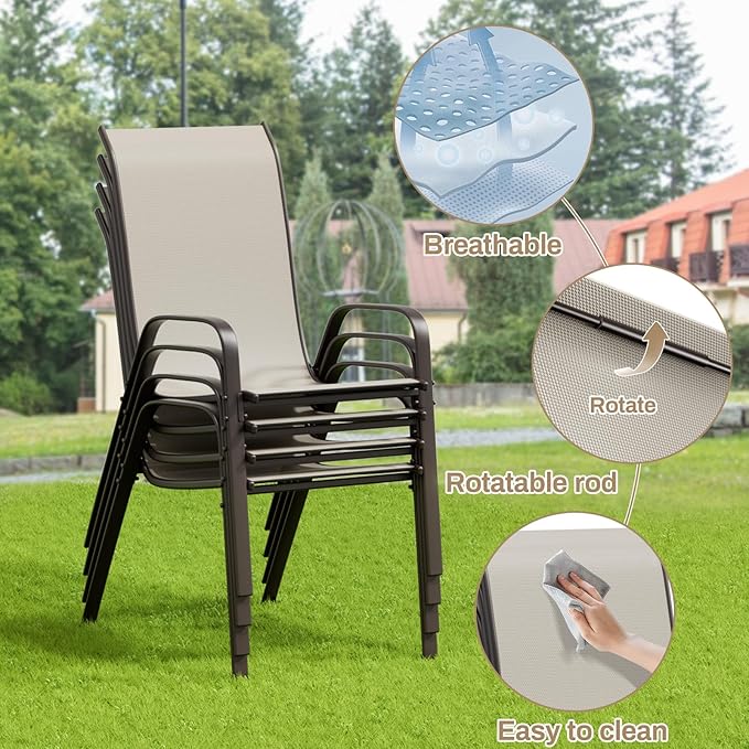 TLSUNNY Patio Dining Set 5 Pieces, All Weather Outdoor Furniture W/30"X 30" Table and 4 Stackable Textilene Chairs, Metal Table and Chairs for Patio, Lawn, Garden, Poolside, Backyard (Beige)