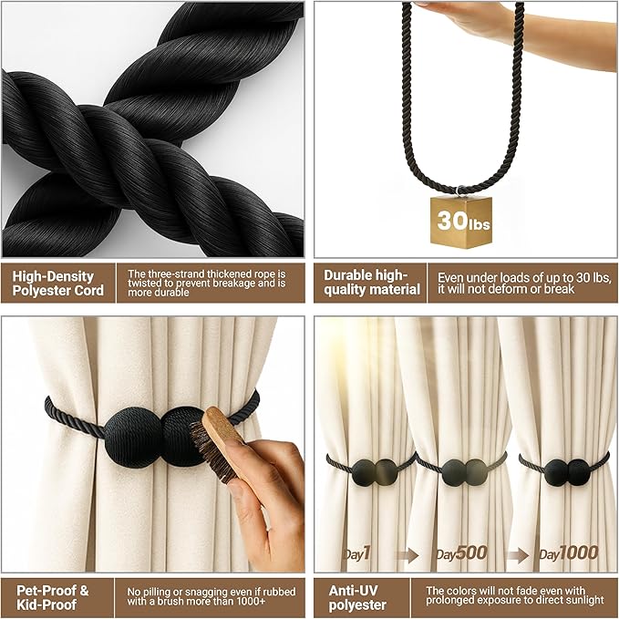 Hion Magnetic Curtain Tiebacks 4 Pack, Nickel-plated Metal and Polyester, Black
